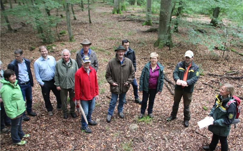 Revierleiterin Alexandra Radlinger und Förster Andreas Kuppel (von rechts) zeigen Vorgänge im Wald GB-Foto: Denner