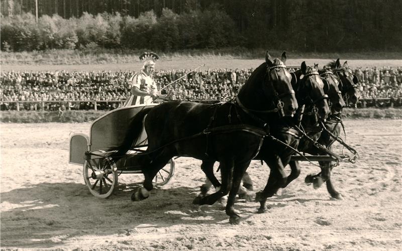 „Gäubote“-Familien-Tour: Im Galopp durch die Jahrhunderte Römische Kampfwagen bei der Hengstparade 1961. GB-Foto: Archiv Marbach