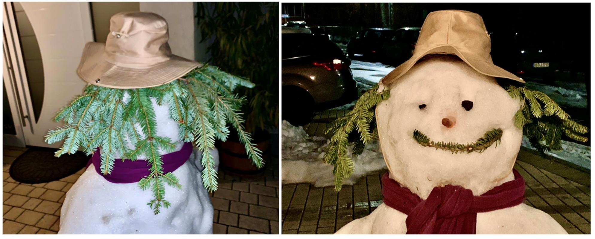 Schneemann mit Corona-Frisur, aufgezeichnet von Minja Rollinson in Gäufelden. 