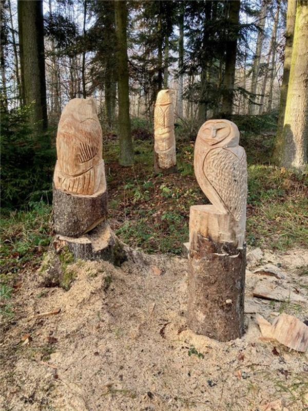 Schöne Holzskulpturen im Haslacher Wald in Richtung Jettingen schickt Gerhard Ma...