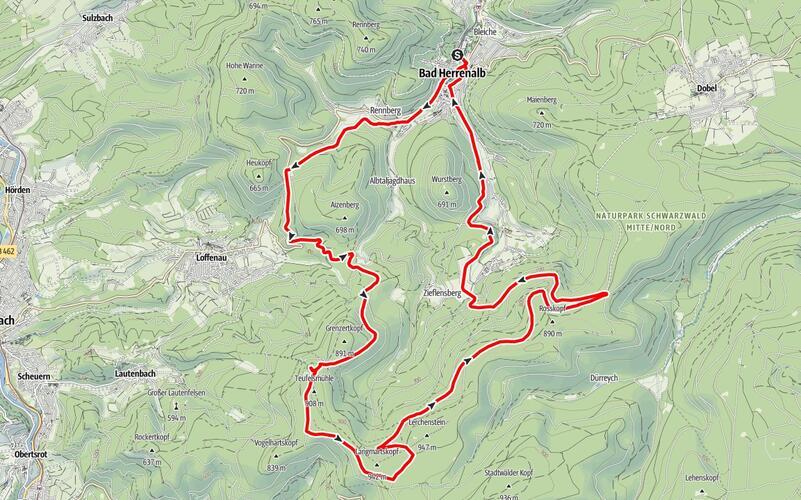 Sehr anspruchsvoll ist die Mountainbike-Tour rund um Bad Herrenalb.GB-Karte: www.mein-schwarzwald.de