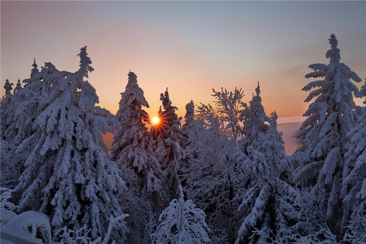 Sonnenaufgang am beliebten Ausflugsziel - dem Mummelsee. Winterwunderland ... Vo...