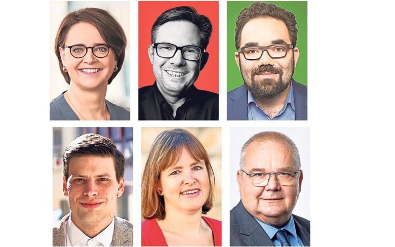 Streben für die etablierten Parteien nach dem Direktmandat für den Kreis Tübingen (von links): Annette Widmann-Mauz (CDU), Dr. Martin Rosemann (SPD), Christian Kühn (Grüne), darunter: Julian Grünke (FDP), Heike Hänsel (Die Linke) und ingo Reetzke (AfD) GB-Fotos: gb