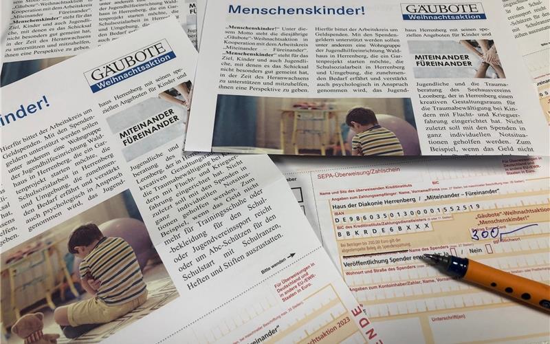 „Menschenskinder!“ – erste Spenden sind auf dem Konto Überweisungsträger auf den Flugblättern der Weihnachtsaktion erleichtern das Spenden.GB-Foto: gb