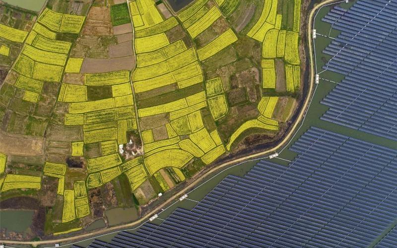 Vergangenheit trifft auf Moderne: Althergebrachte landwirtschaftliche Nutzung von Flächen trifft in der chinesischen Provinz Anhui auf moderne Solaranlagen. Foto: Zhang Dagang/XinHua