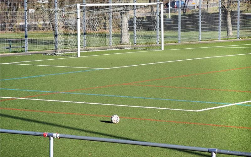 Verwaistes Leder auf dem Kunstrasenplatz in Bondorf: Ob der Fußball noch mal seinen Spielbetrieb im Mai aufnehmen kann, hängt auch von der Entwicklung der Corona-Pandemie ab GB-Foto (Archiv): Holom