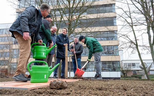 Vor dem Landratsamt werden Zwetschgenbäume gepflanzt (von links): Manfred Nuber, Markus Kienzle, Helmut Werner, Martin Wuttke, Daniel Fauser und Andreas Riebold-Hiller. GB-Foto: Vecsey
