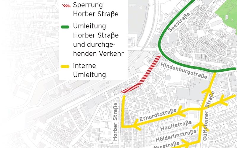 Während die Horber Straße gesperrt wird, dienen die Erhardtstraße und Goethestraße weiterhin als Umleitungsstrecken