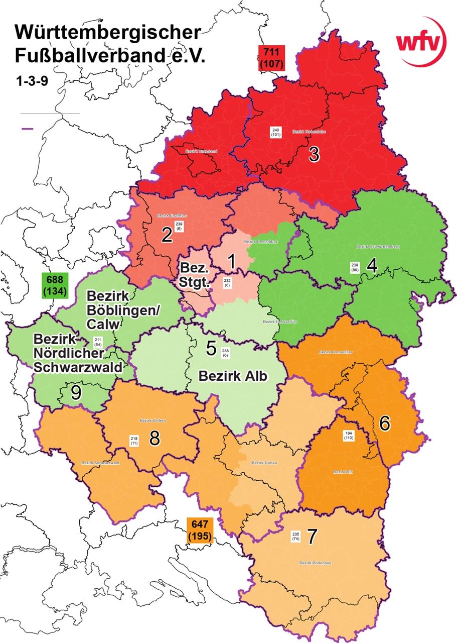 Weite Anfahrten: Die Variante „1-3-9“ sieht ein großes Landesligagebiet (hell- bis dunkelgrün) von Freudenstadt bis Ostwürttemberg vor