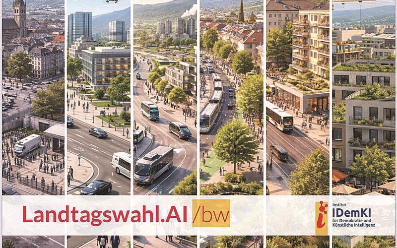 Wie könnten sich Baden-Württembergs Städte unter verschiedenen Parteien entwickeln? Eine Ausstellung lässt dies die KI entwerfen. GB-Foto: IDemKI