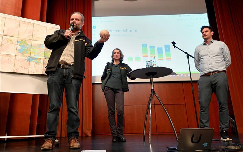 Winfried Seitz, Stefanie Knorpp und Tim Deininger (von links) stellten das Konzept für die nächste Dekade vor. Winfried Seitz hantierte dabei mit einer Holzkugel, die einen Durchmesser von 11,7 Zentimeter hat und damit rund 0,8 Liter Holz enthält – so viel, wie in knapp zwei Sekunden im Stadtwald Herrenberg nachwächst. Der Zuwachs im Herrenberger Stadtwald beträgt rund 1,6 Festmeter in der Stunde, was rund 2000 solcher Kugeln bedeutet. Bei rund 40 Teilnehmern der Veranstaltung könnte also jeder Gast nach einer Stunde 50 solche Kugeln mitnehmen, die in dieser Stunde im Stadtwald Herrenberg nachgewachsen sind. GB-Foto: Holom