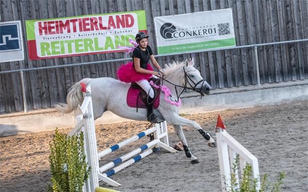 Zusammen mit ihrem Läufer Adrian Roll (kleines Bild) gewann Ines Tschackert vom RV Jettingen auf Lavina 31 den Kostüm-Jump-and-Run-Wettbewerb. GB-Foto: Schmidt